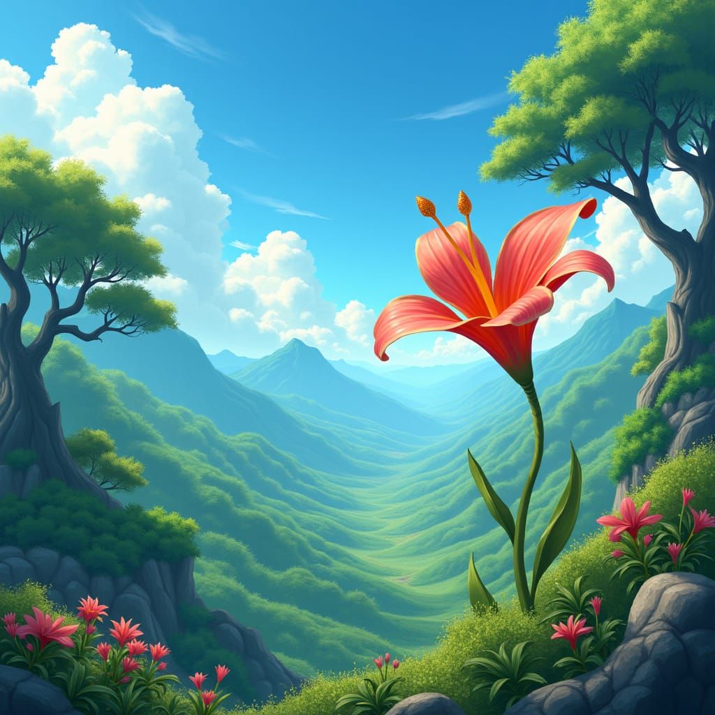 Exotic Bloom in Emerald Valley: Matte Painting