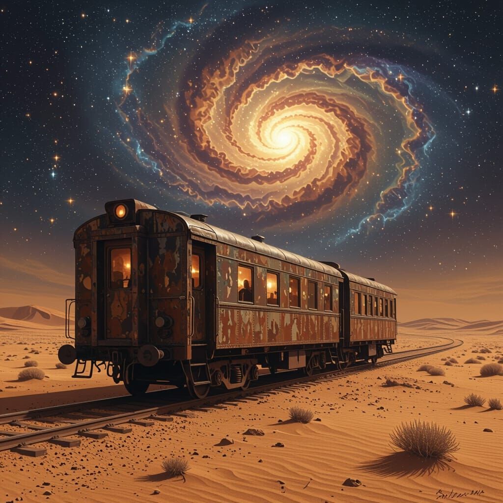 Vintage Train in Cosmic Desert, Biomechanical Art