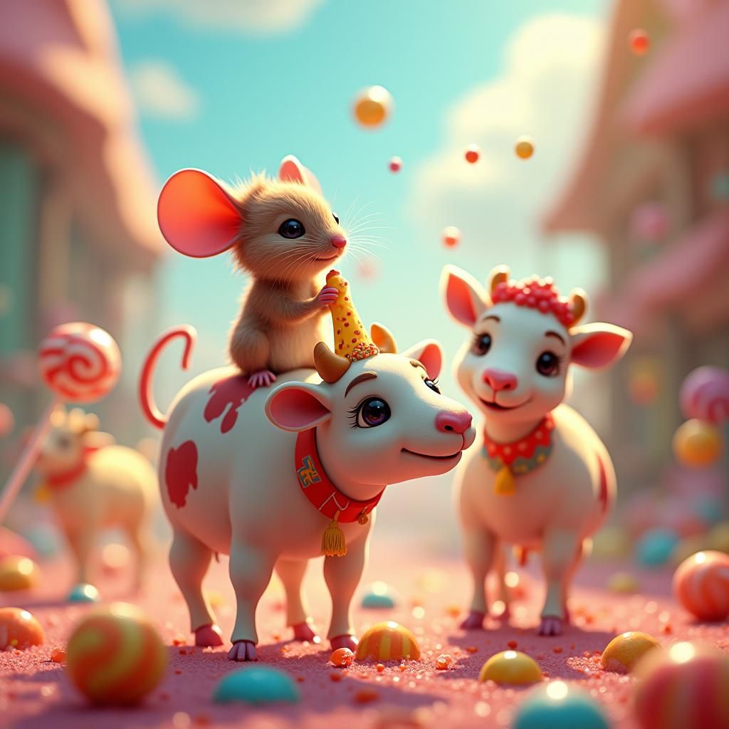 Mouse in Candy Land on Cow and Goat