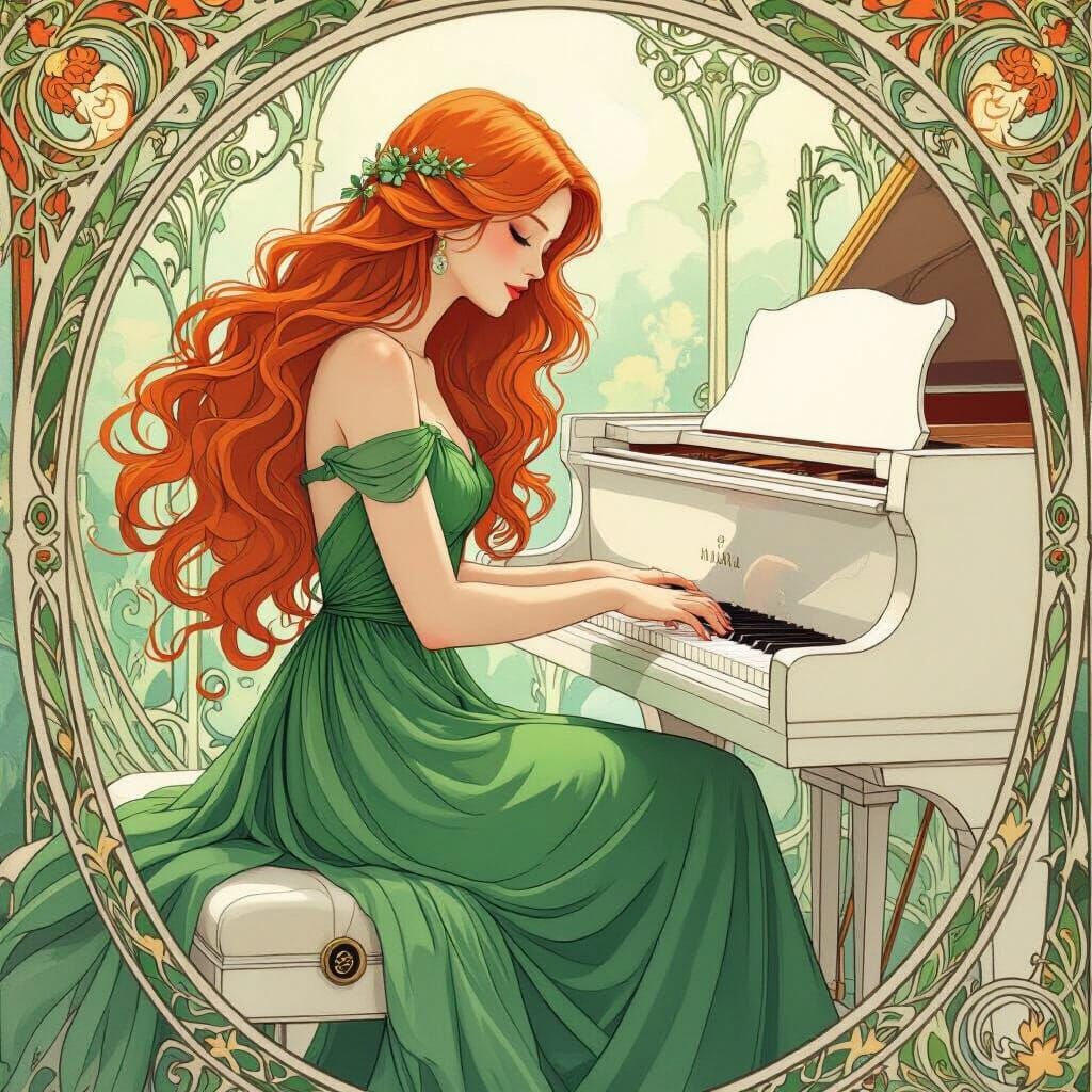 Girl with Red Hair Playing Piano in Art Nouveau Style