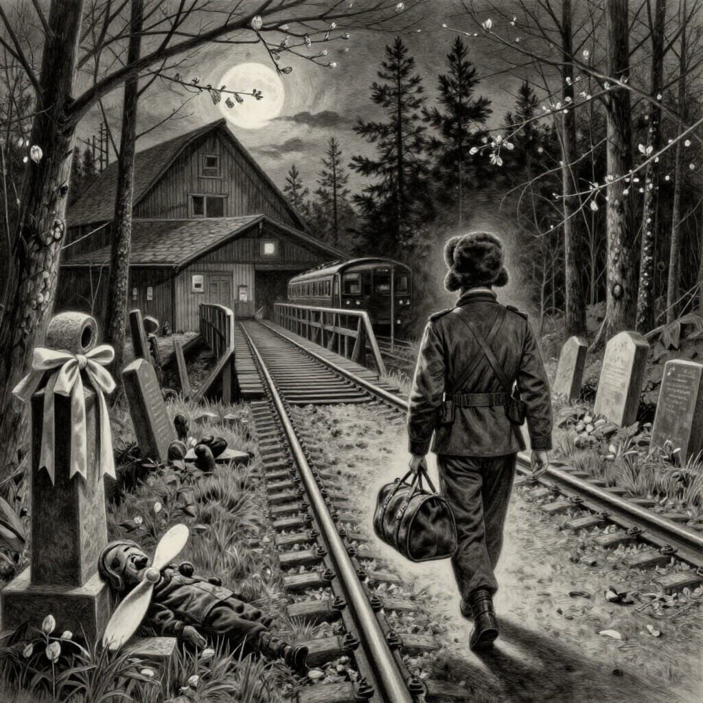 Man Walks Railway Track in Charcoal Drawing Style