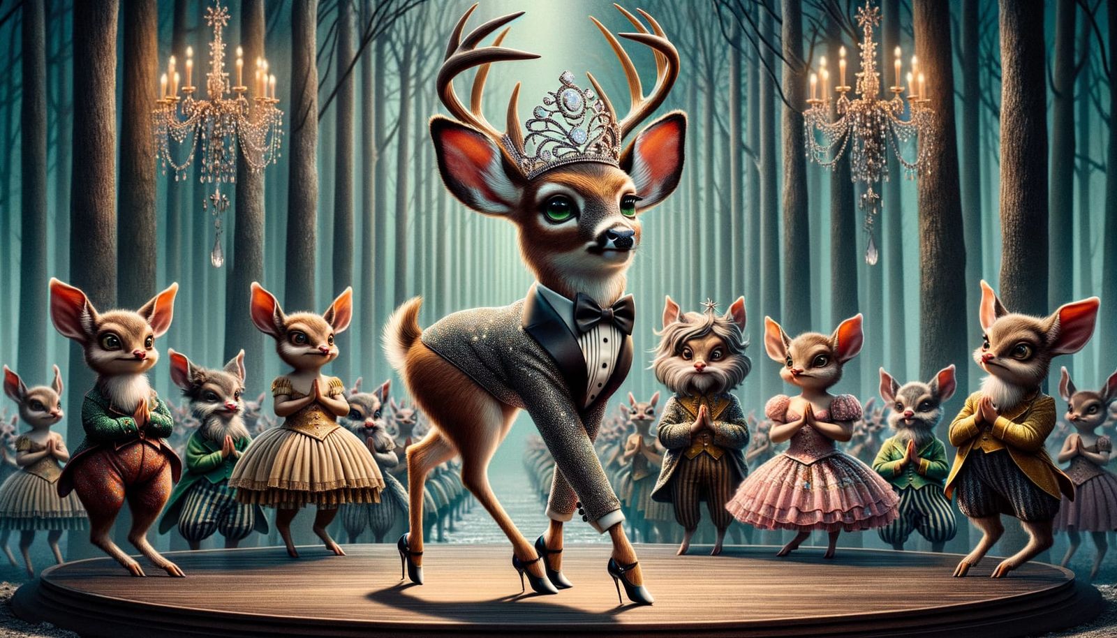 Enchanted Forest Scene with Whimsical Deer in Tuxedo