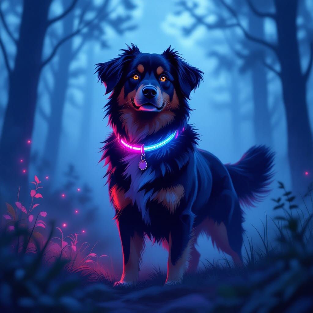 Radiant Dog in Misty Forest: Digital Art