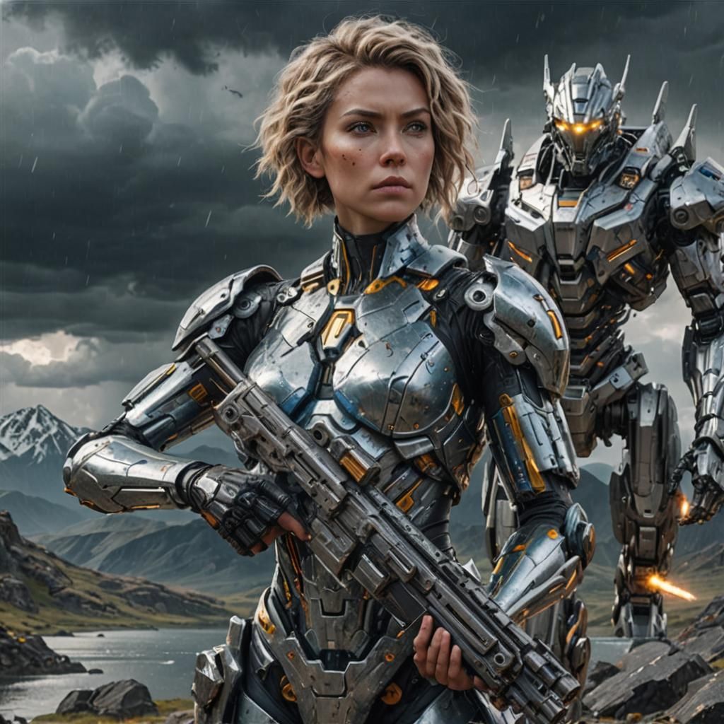 Cybernetic Warrior Woman in Sci-Fi Landscape