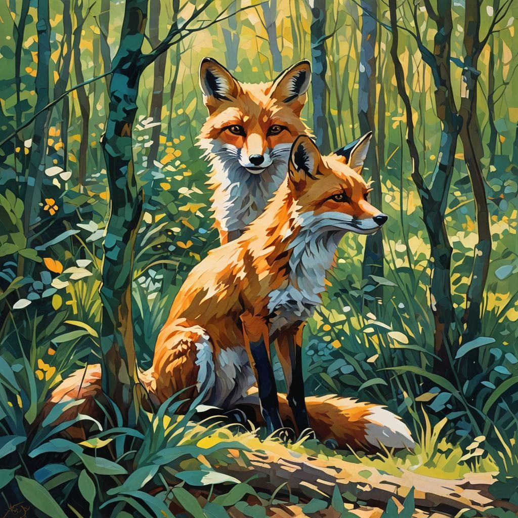 Impressionist Fox in Forest Undergrowth