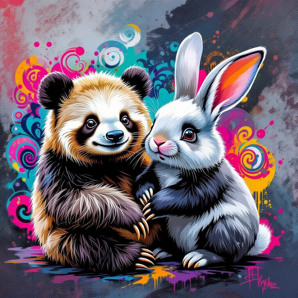 Polychromatic Animals Play in Graffiti Street Art Style