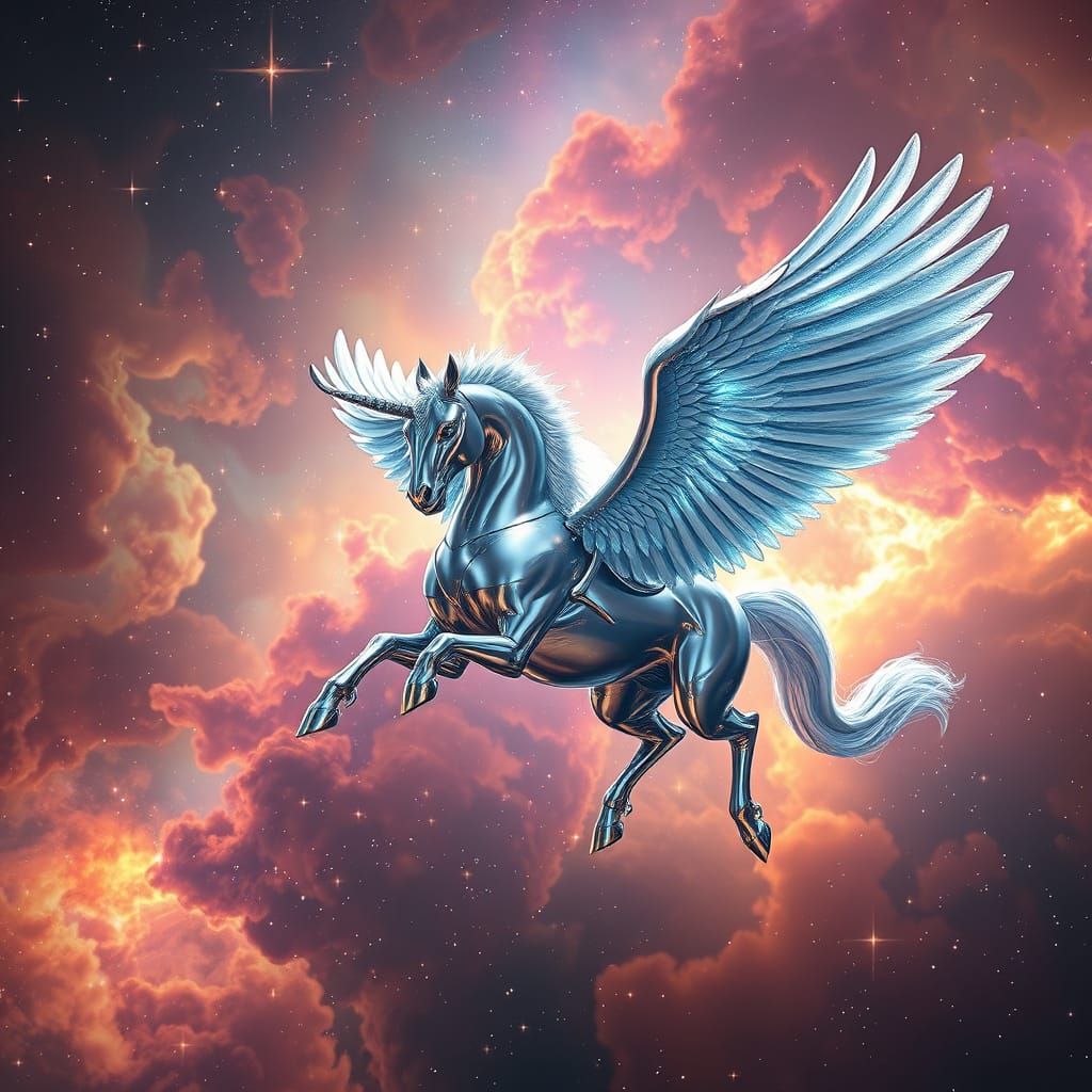 Imagine a chrome-plated Pegasus soaring through a vibrant ne...
