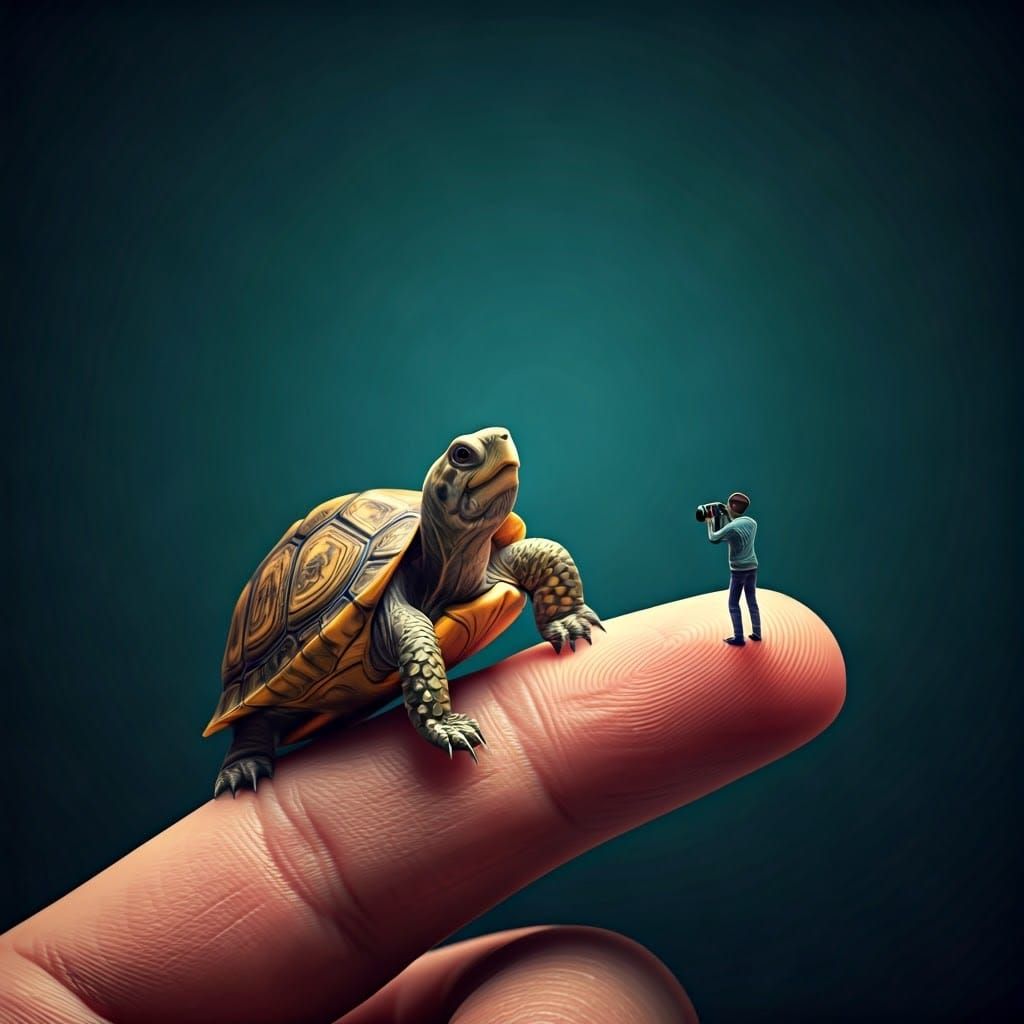 Minuscule Turtle and Photographer in 8k Resolution
