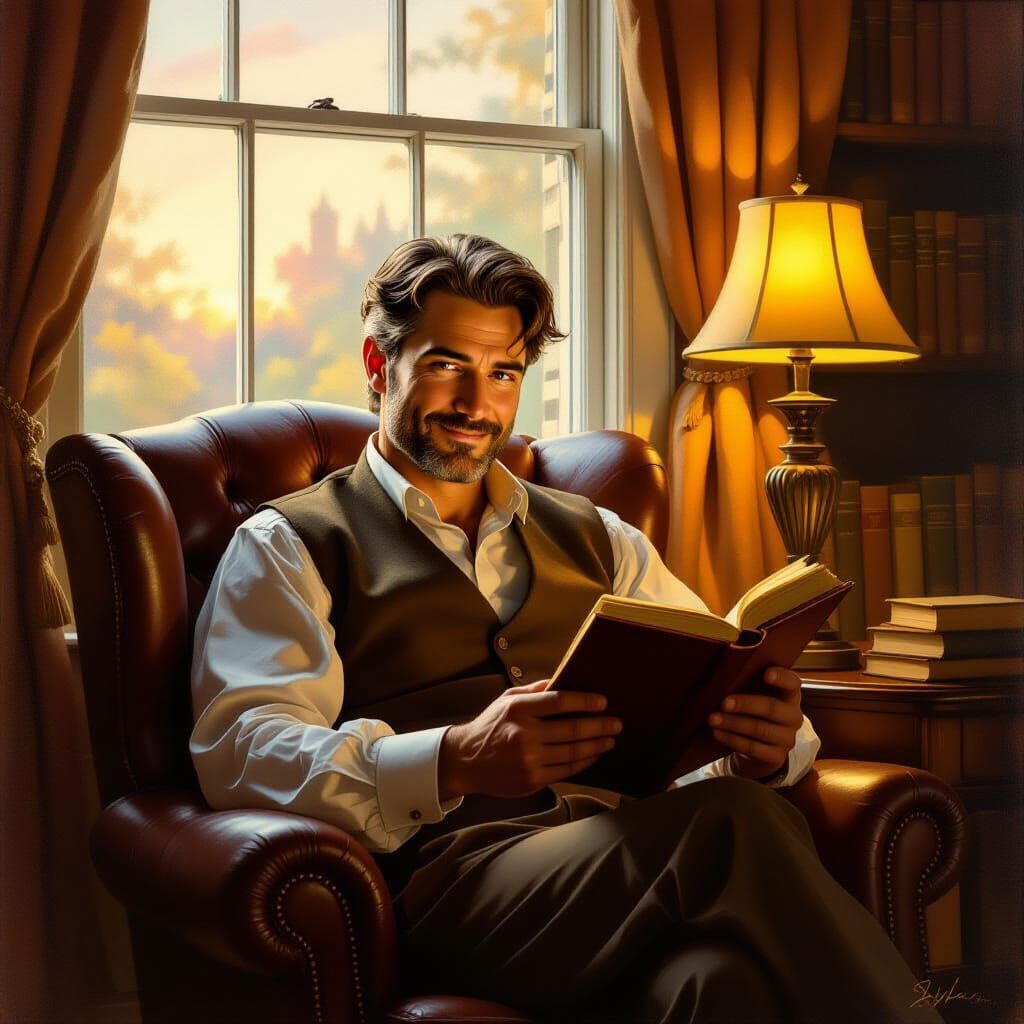 Man Reading by Window in Warm Oil Painting Style