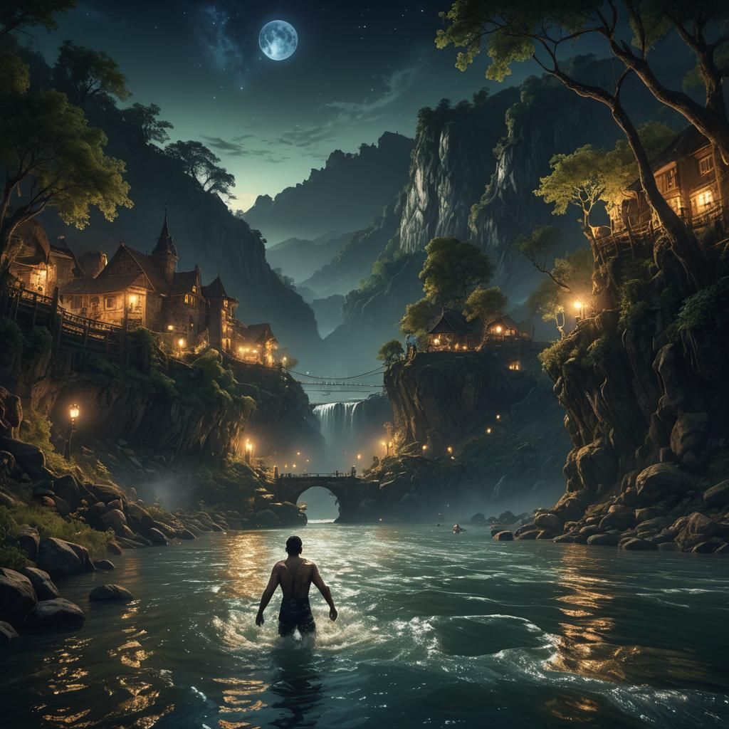 Night Swim: Fantastical Countryside River Scene