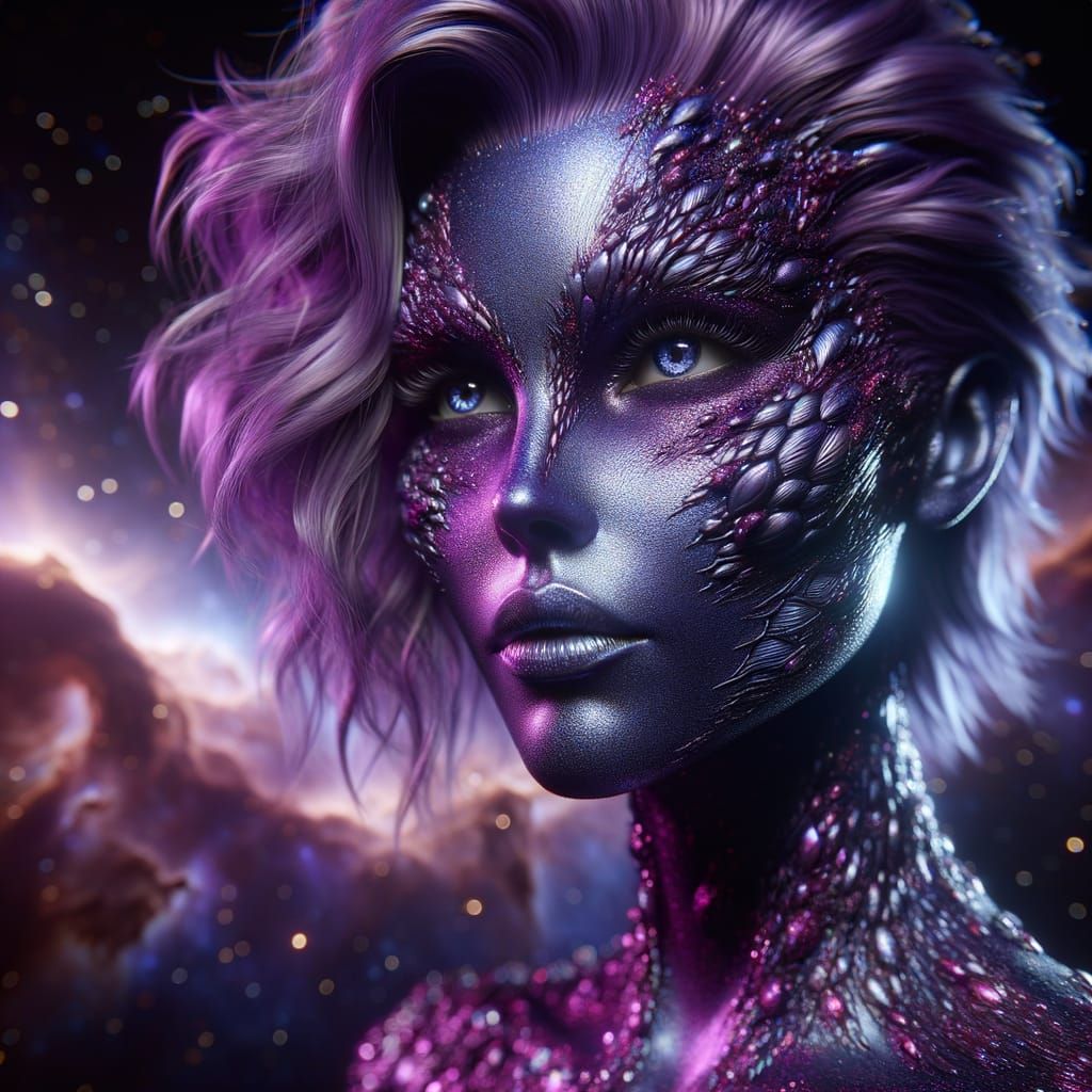 Imagine a splendid metallic purple female alien of Nordic descent, his face completely adorned with intricate reptilian ...