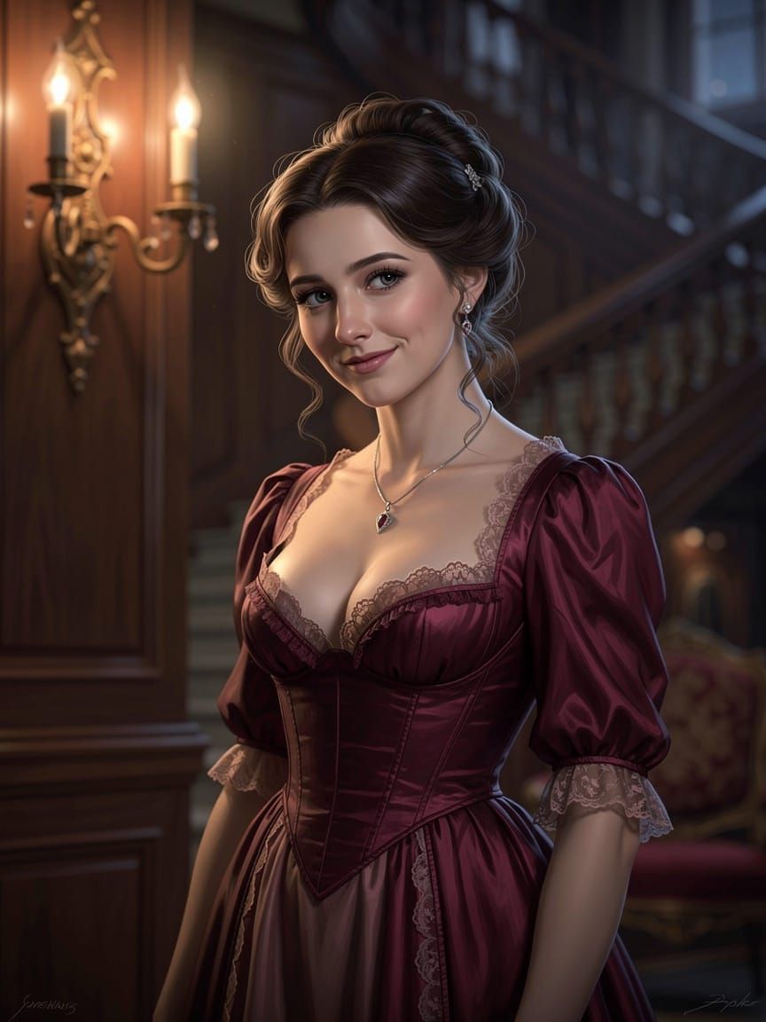 Victorian Woman in Burgundy Dress at Mansion