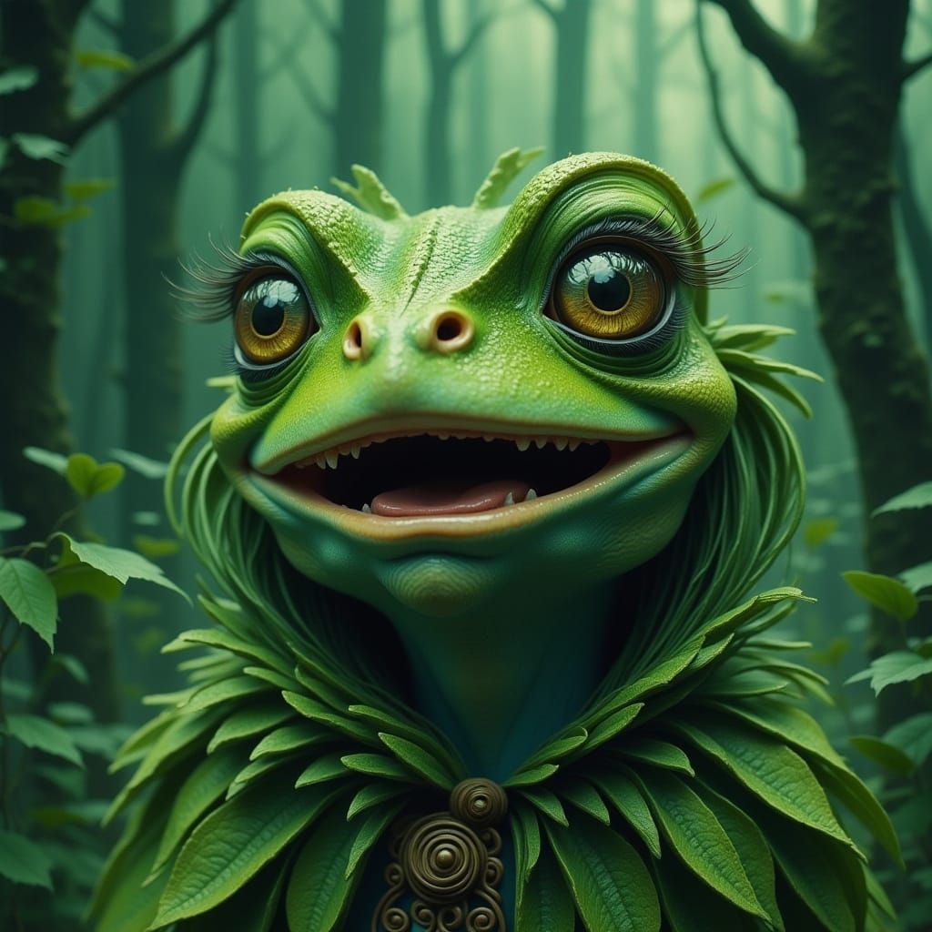 Frog in Emerald Forest, Startled by Cat