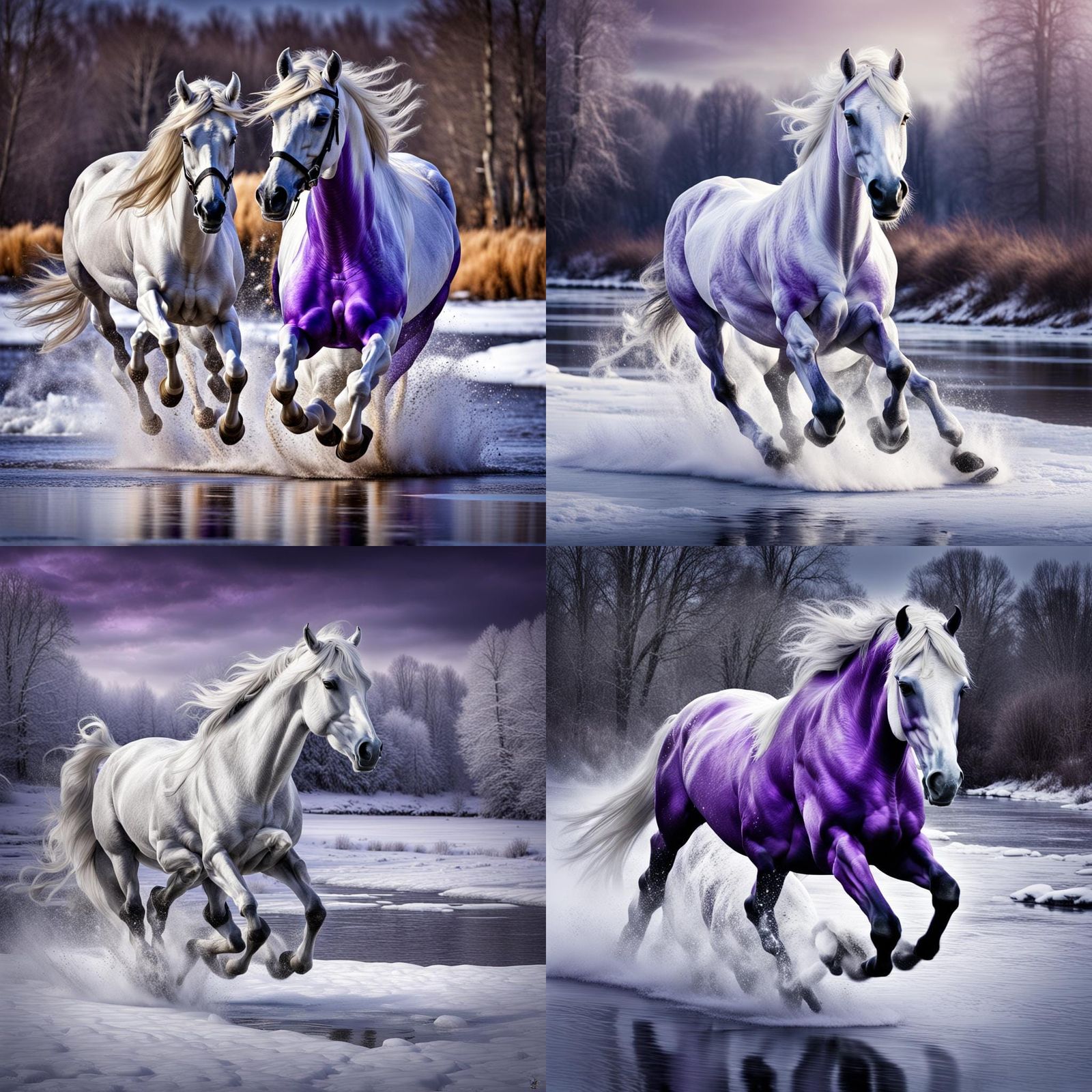 White Horse and Purple Pony on Frozen River