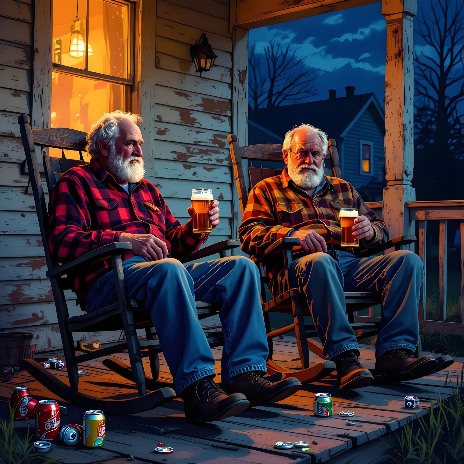 Hyperrealistic Old Men on Porch at Night