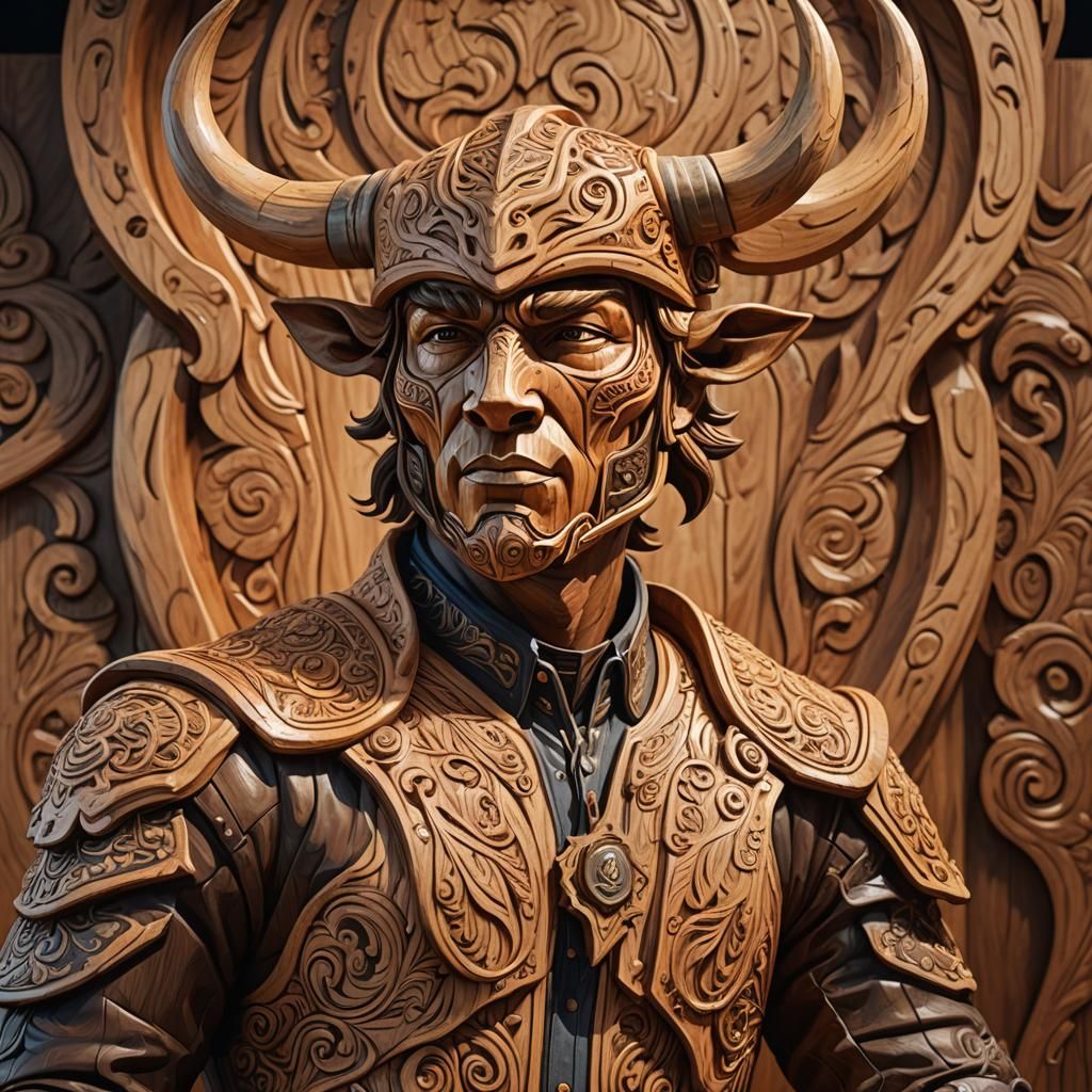 Wooden Bull Rider Sculpture in Artesia Style