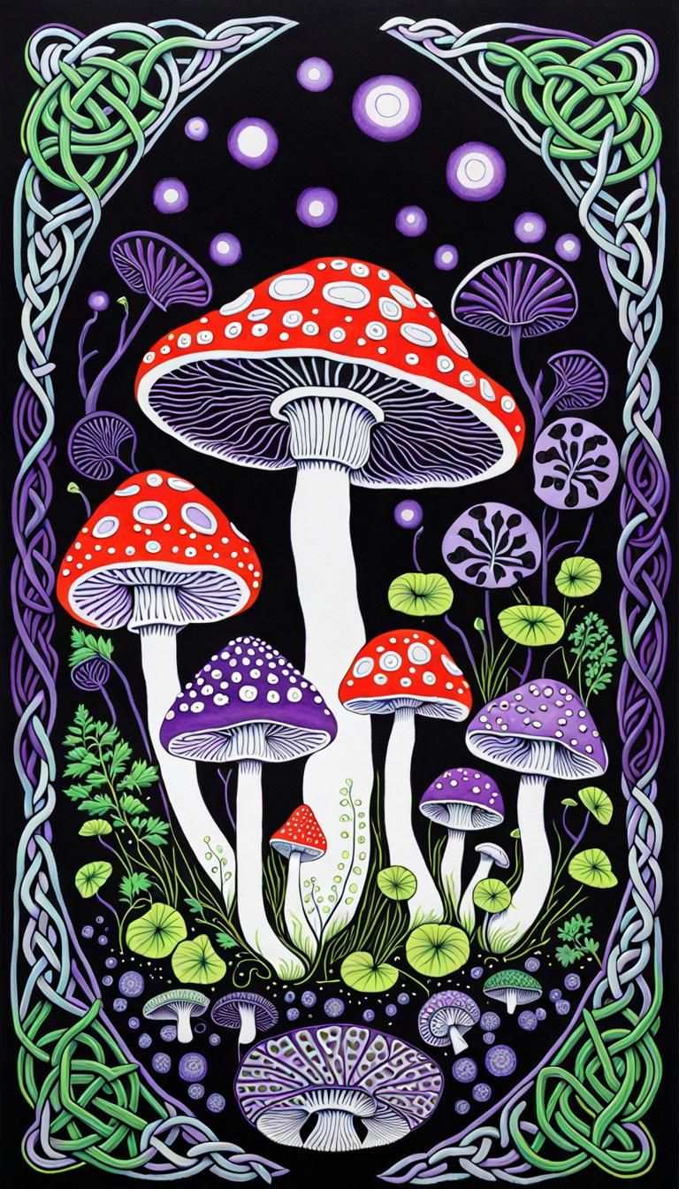 Amanita Mushrooms in Celtic Dia de los Muertos Style