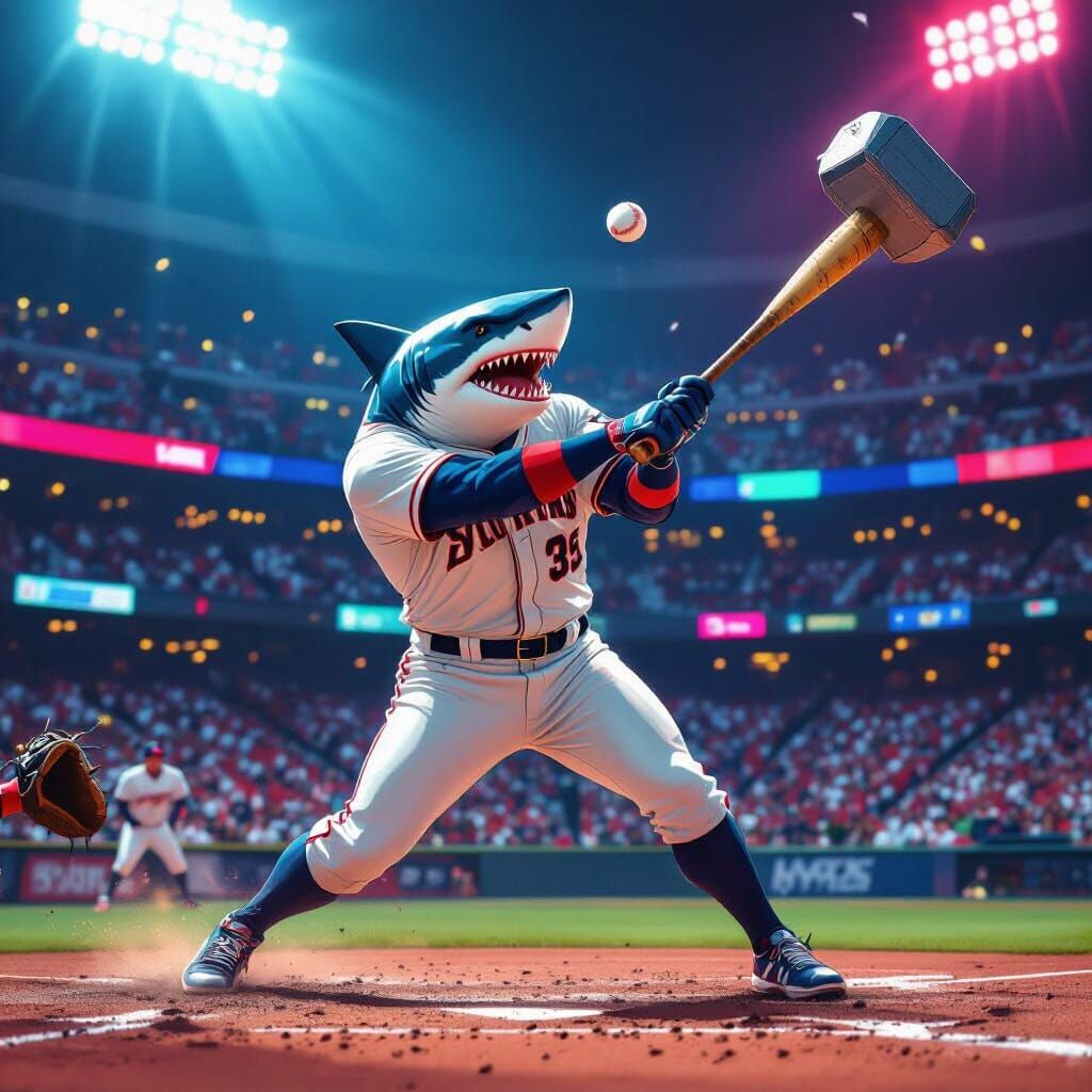 Shark Plays Baseball with Thor's Hammer in Stadium