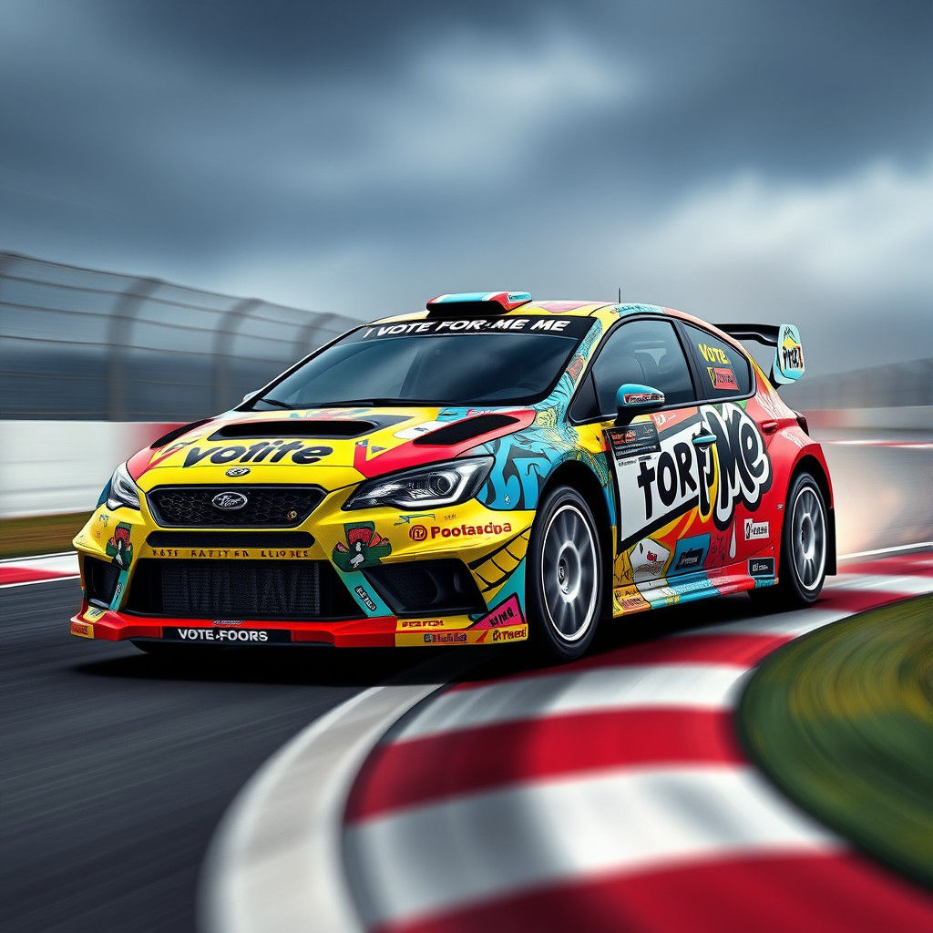 Rally car wrapped in "vote for me" artwork