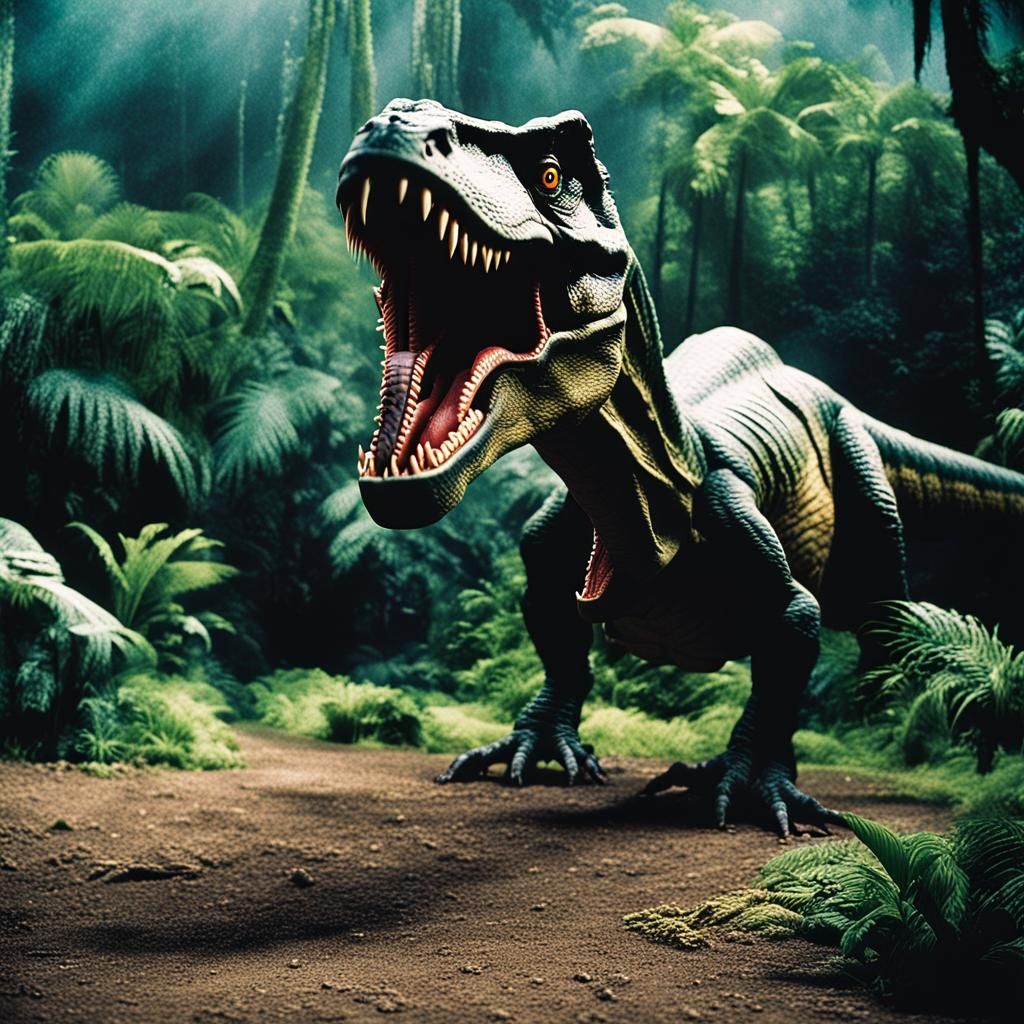 Dramatic Jurassic Park Film Still in 35mm Style