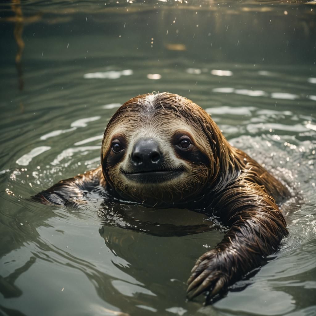Sloth Swimming Underwater: Cinematic Film Still