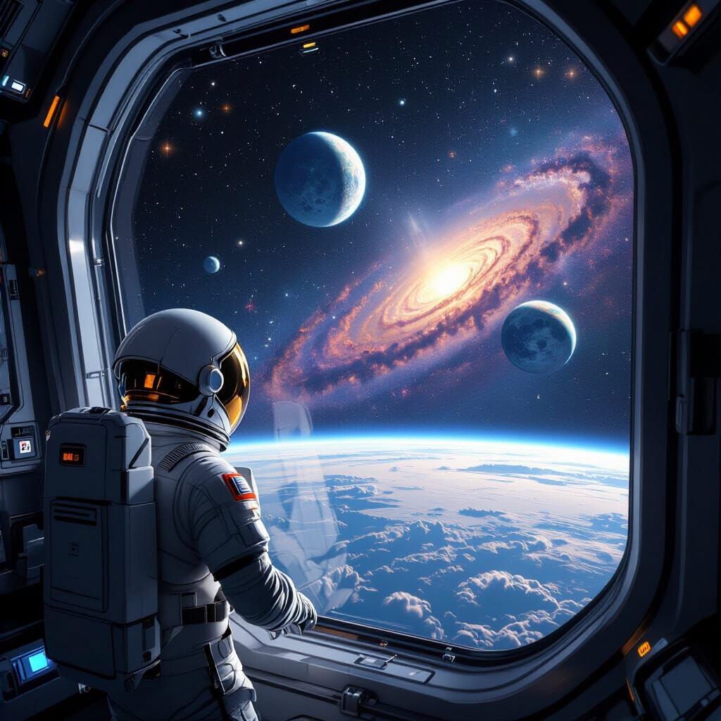 Astronaut Views Blue Planet from Space Station Window