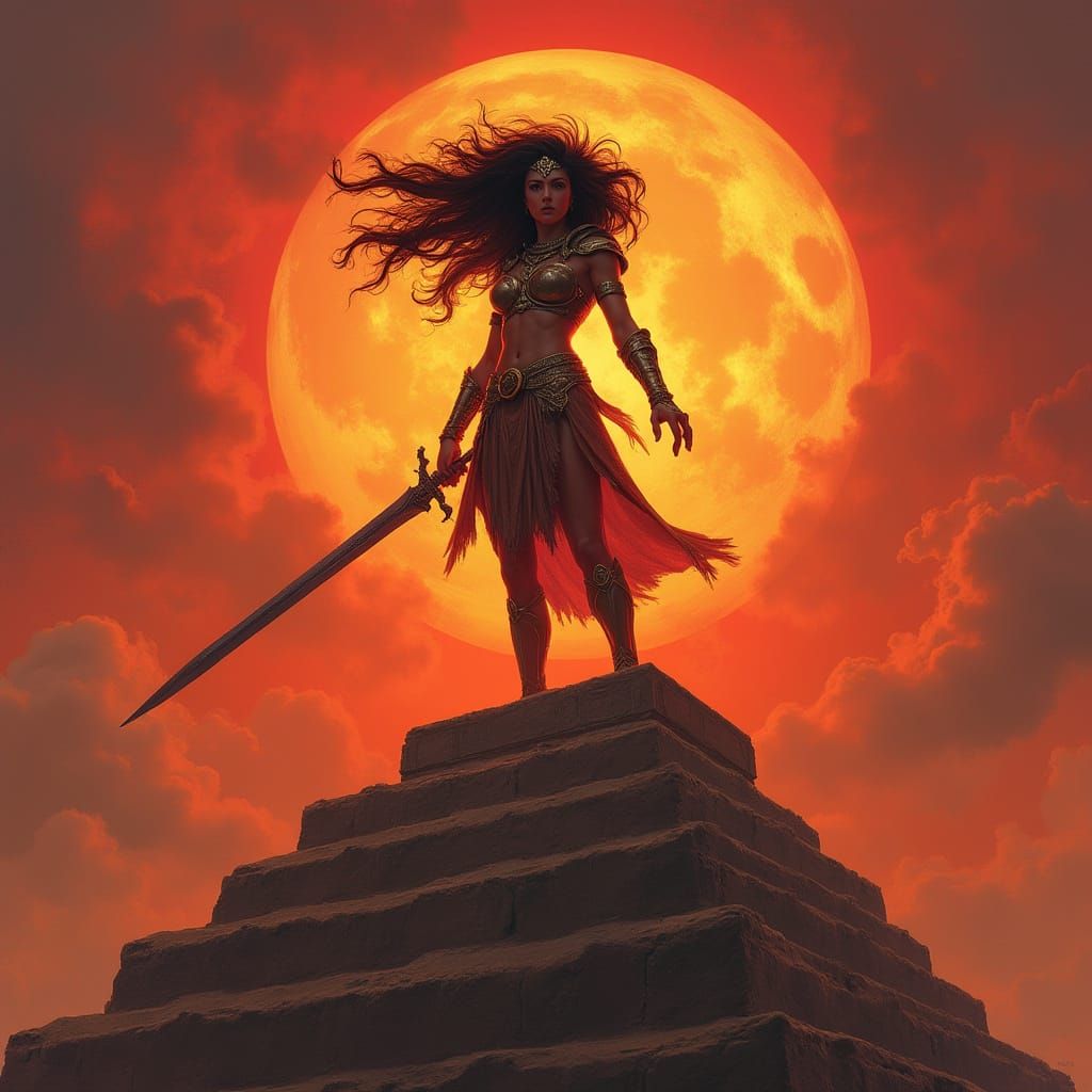 Amazon Warrior's Victory at Sunset: Matte Painting