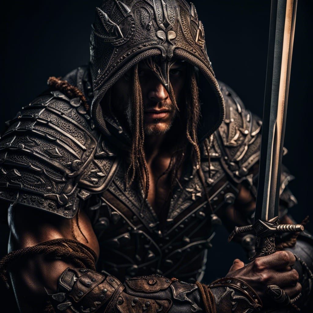 Barbarian Warrior with Sword: Hyperrealistic Cinematic Portr...