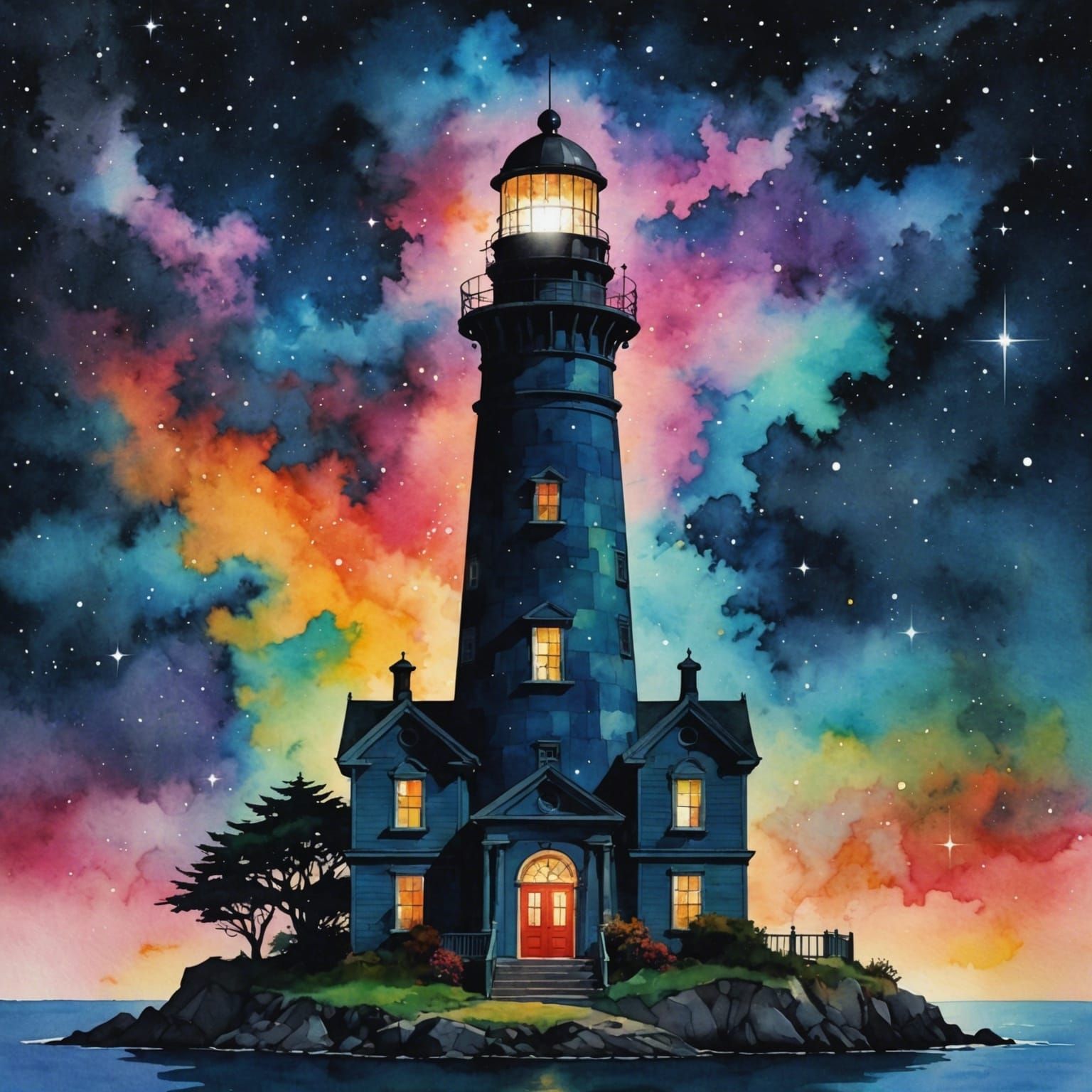 Lighthouse with Multicolored Nebula in Watercolor Style