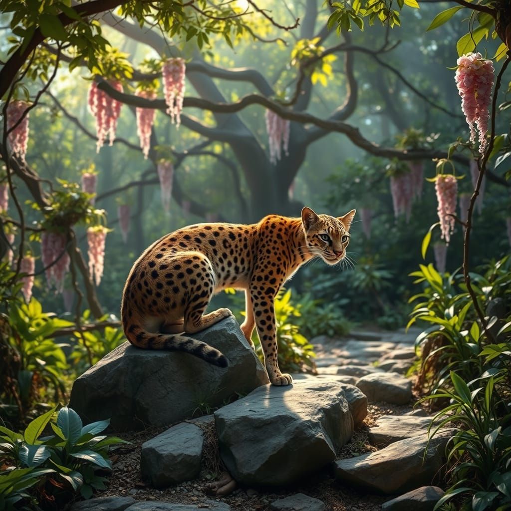 Majestic Ocelot Amidst Jungle Bloom