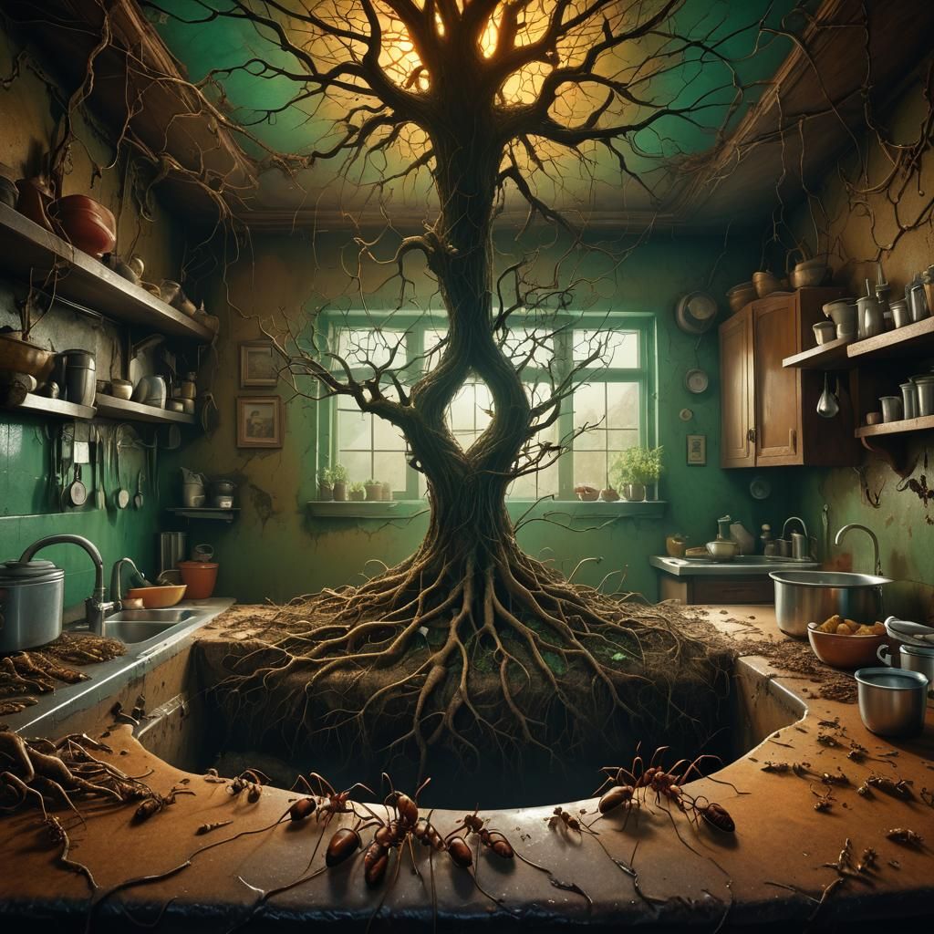 Ants Infesting Kitchen: Dark Fantasy Matte Painting