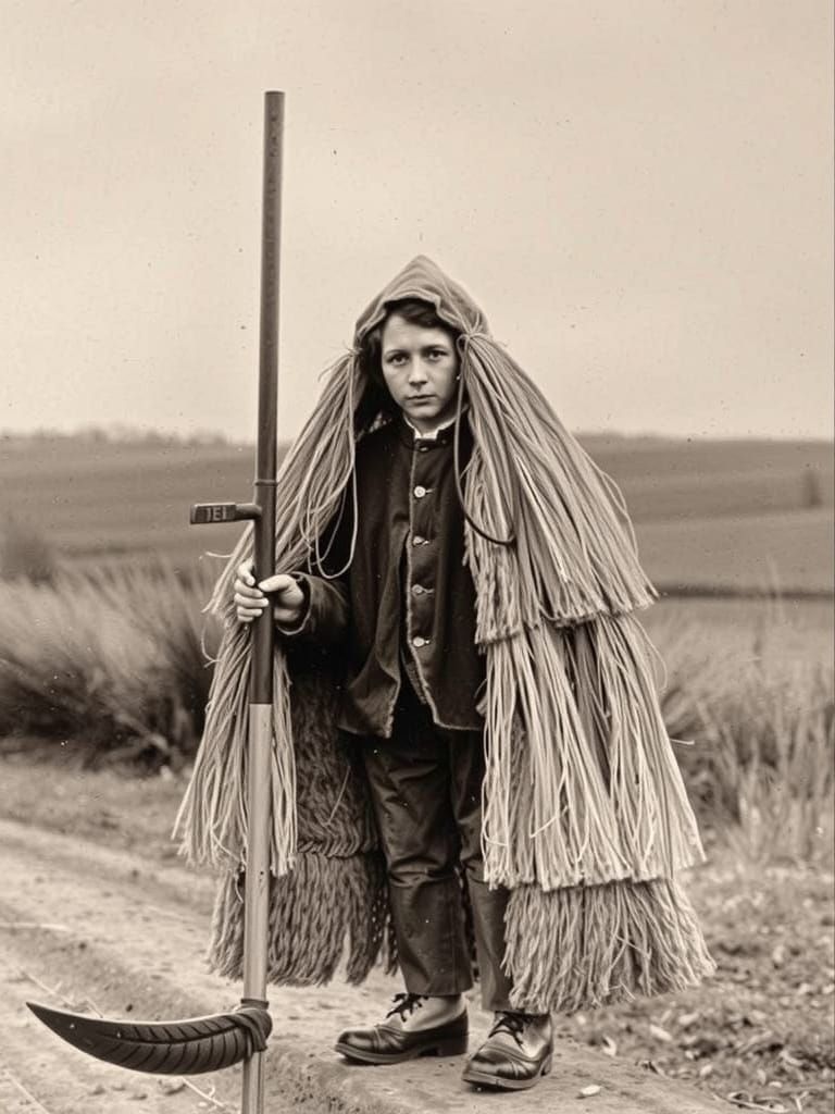 Rustic Young Man Contemplates Harvest in 1900 Landscape