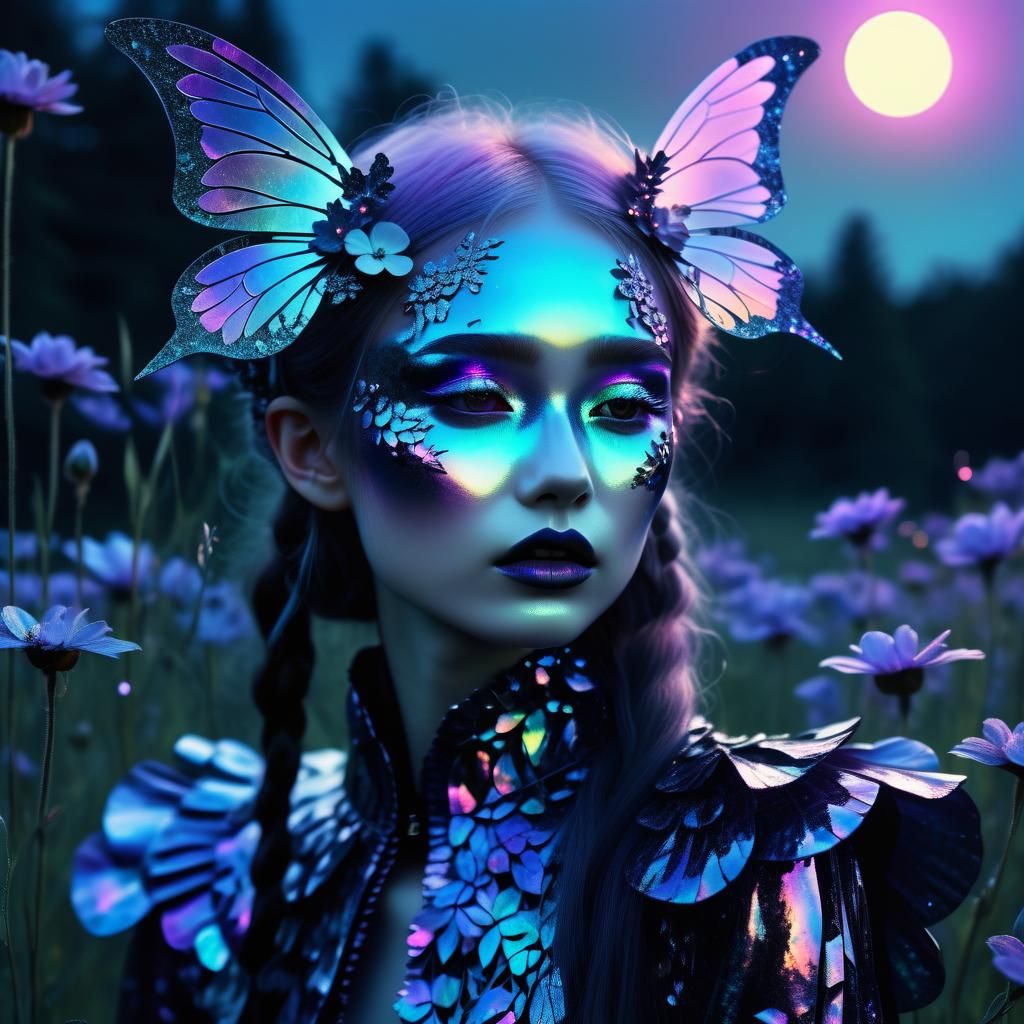 Cyberpunk Fairy Enjoys Full Moon Meadow