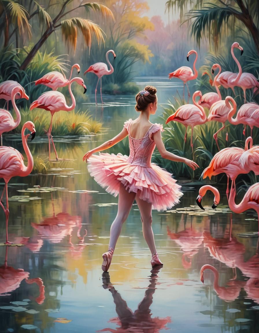 Ballerina and Flamingos in Impressionist Dreamscape