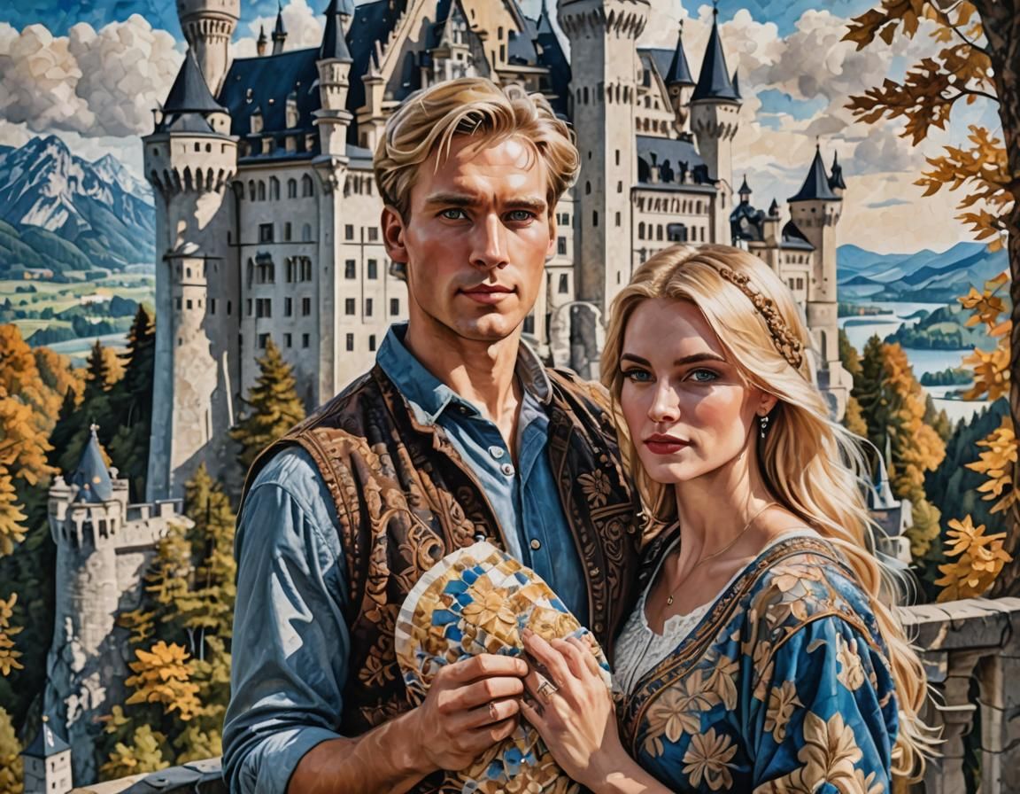 Batik Art: Lovers at Neuschwanstein Castle