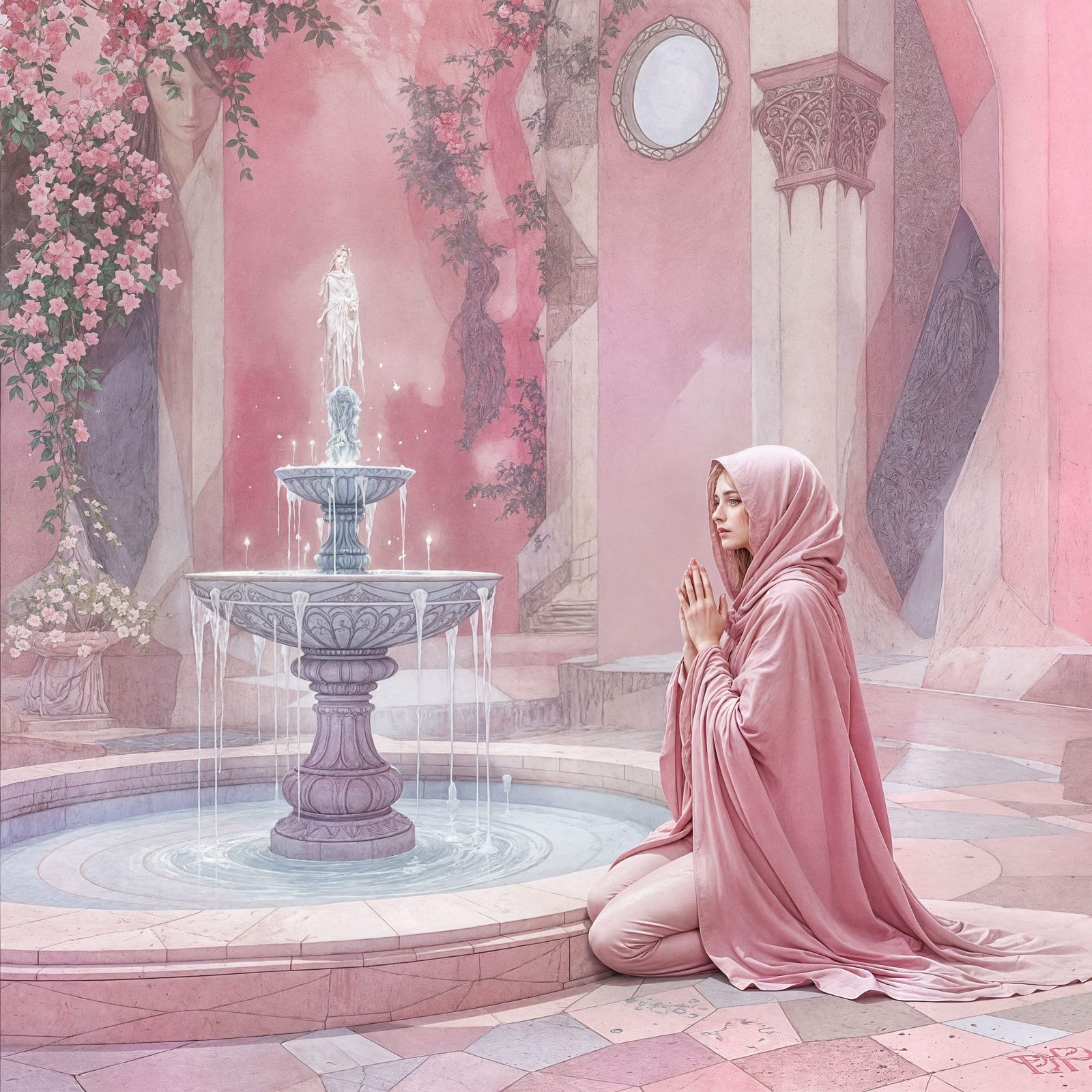 Pink Temple Priestess Illustration in Pastel Style