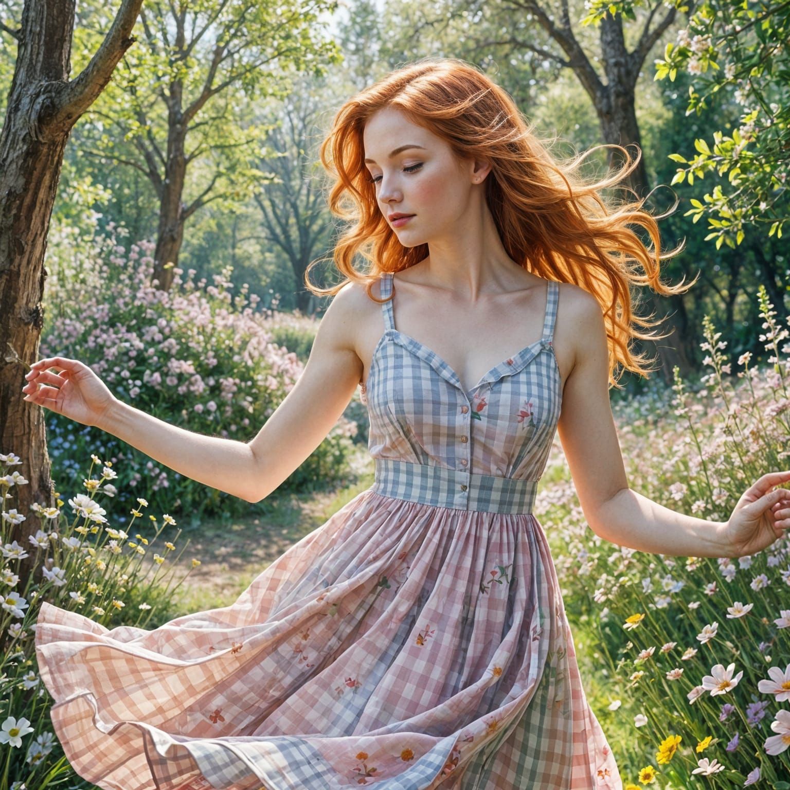 Gingham Sundress and Vibrant Spring Blooms in Airbrushed Sty...