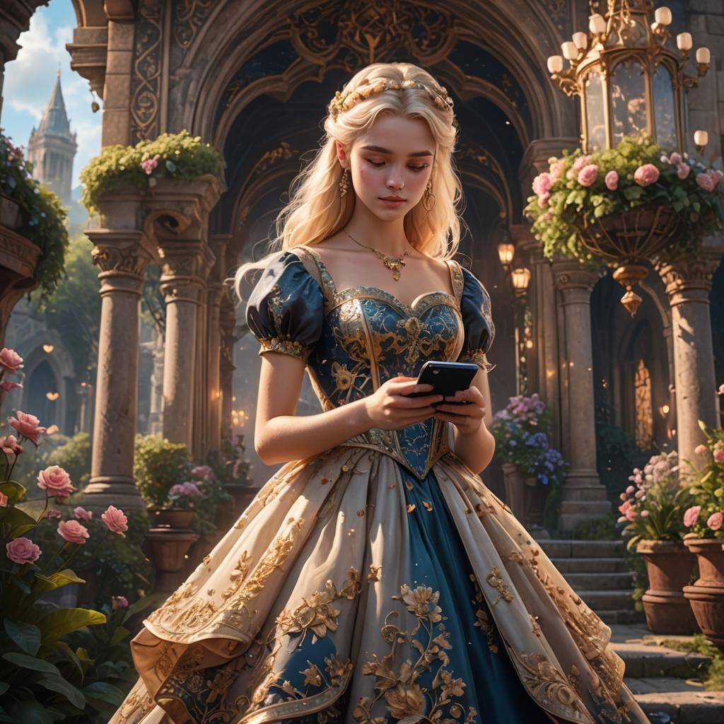 Romantic 16-Year-Old Girl with Phone, Detailed Painting