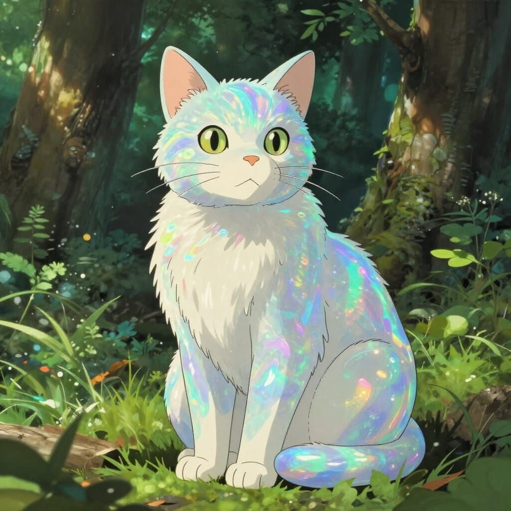 Rainbow Opal Cat in Sunlit Forest, Anime Style