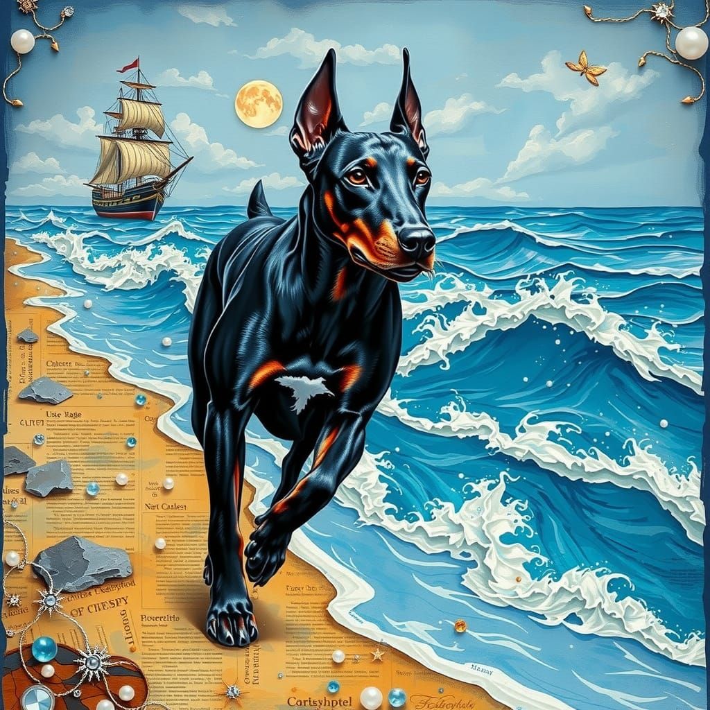 A Majestic Doberman Runs Along the Seashore in Whimsical Wat...