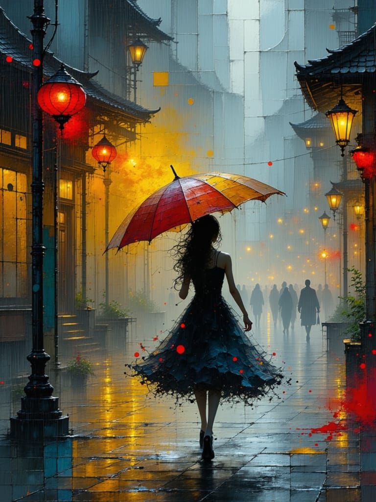 Anime Woman Walks in Rainy City Street