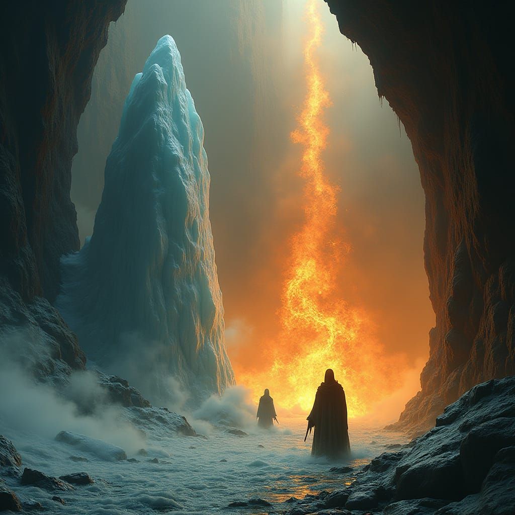 Primordial Confrontation: Ancient Ice Meets Fierce Inferno