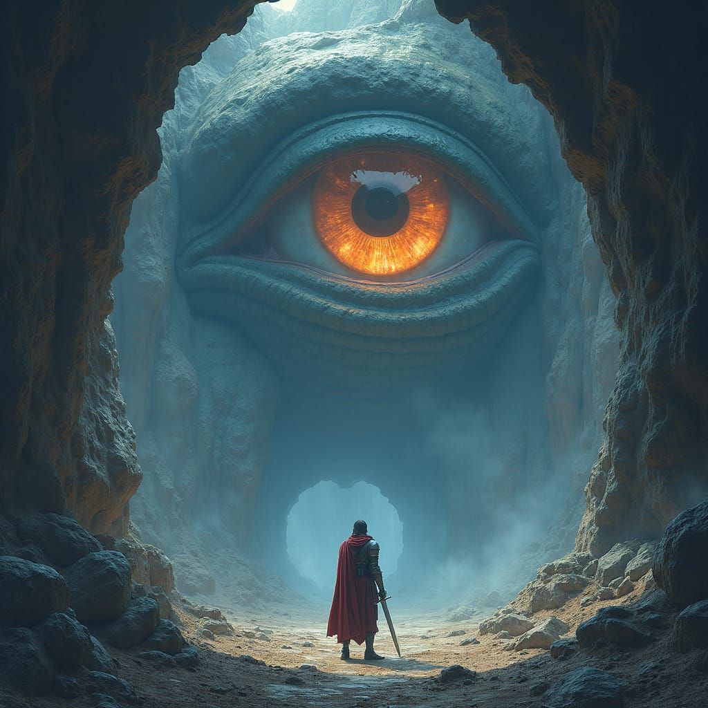 Warrior Knight in Cave with Giant Snake Eye