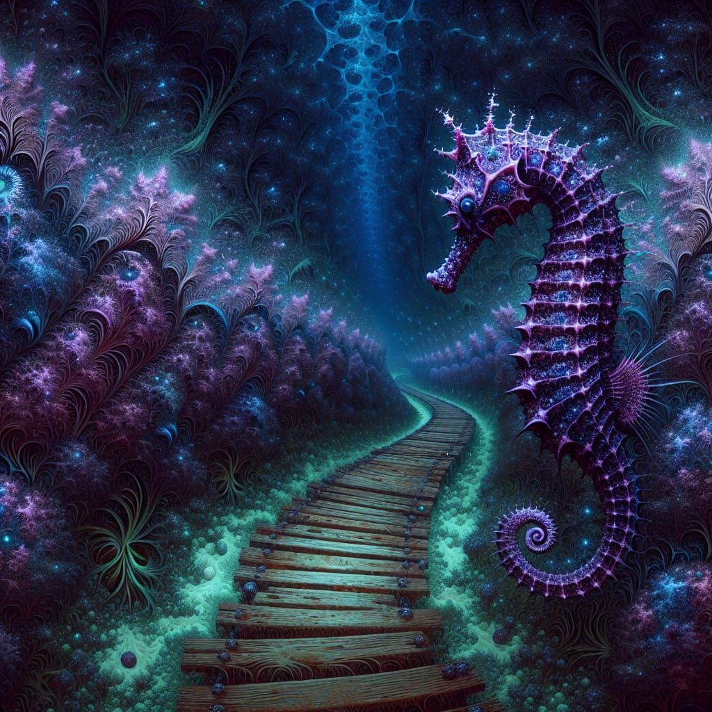 Underwater Trail with Purple Seahorse in Fractal Art