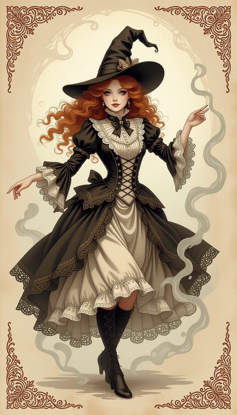 Whimsical Cat-Girl Witch Dancing in Sepia Tones