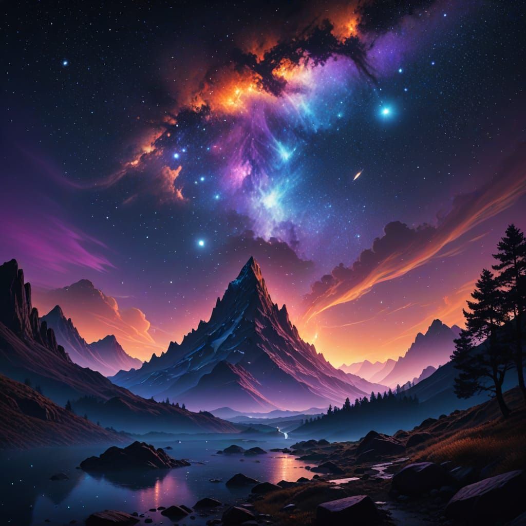 Dreamlike Cosmic Collage in Deep Purple and Orange