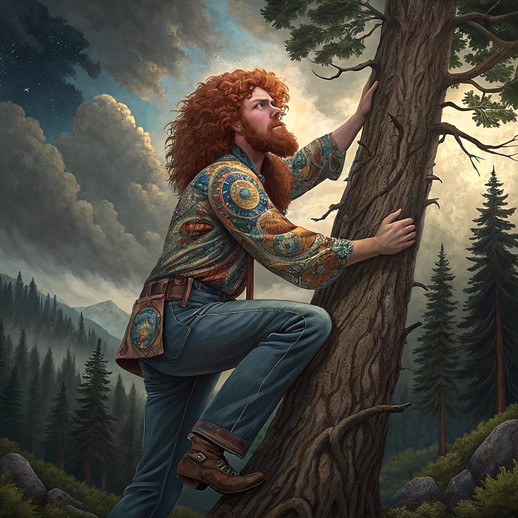Mountain Hippie Climbs Ancient Oak in Wilderness Forest