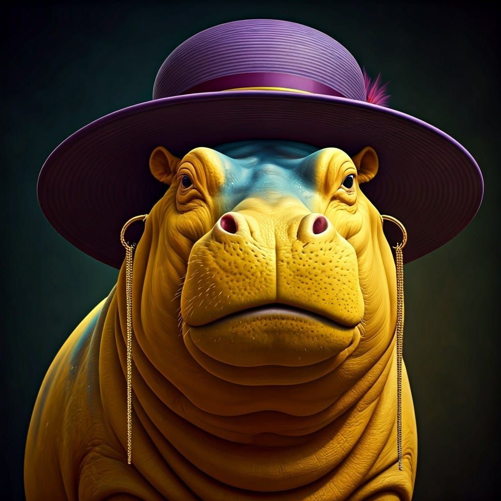 Fantastical Hippo with Purple Hat, Digital Painting