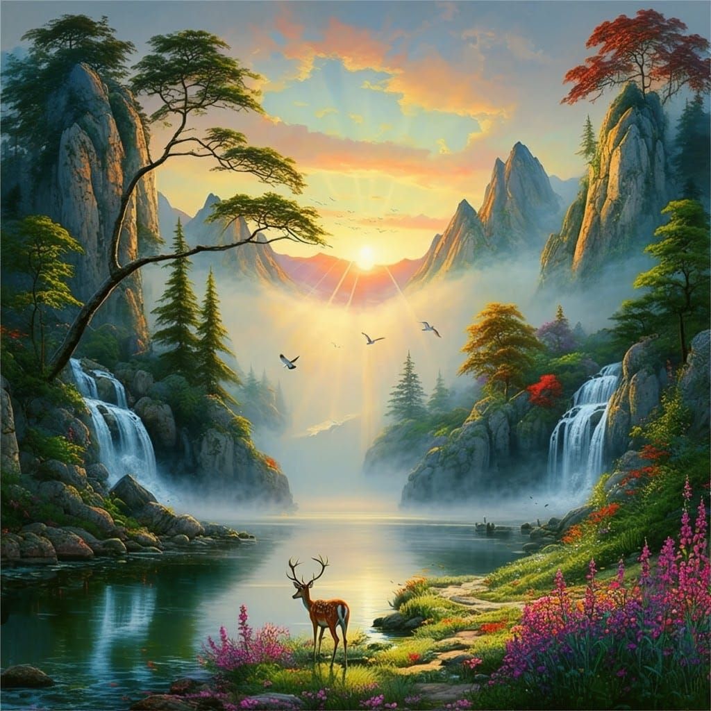 Misty Sunrise Over Mountain Lake in Impressionist Style