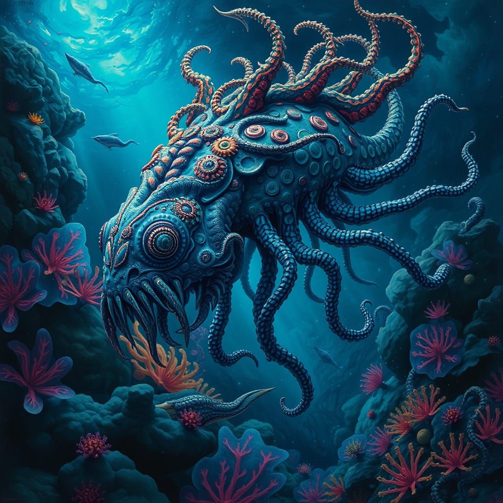 Psychedelic Marine Creature in Bioluminescent Depths